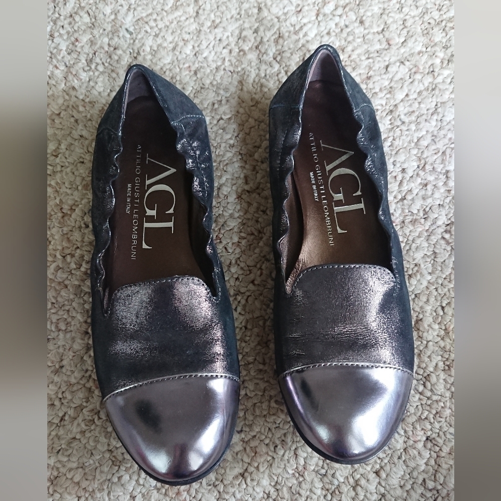 AGL Attilio Giusti Leombruni metallic Pewter gray Ballet Flat Shoes Size 38